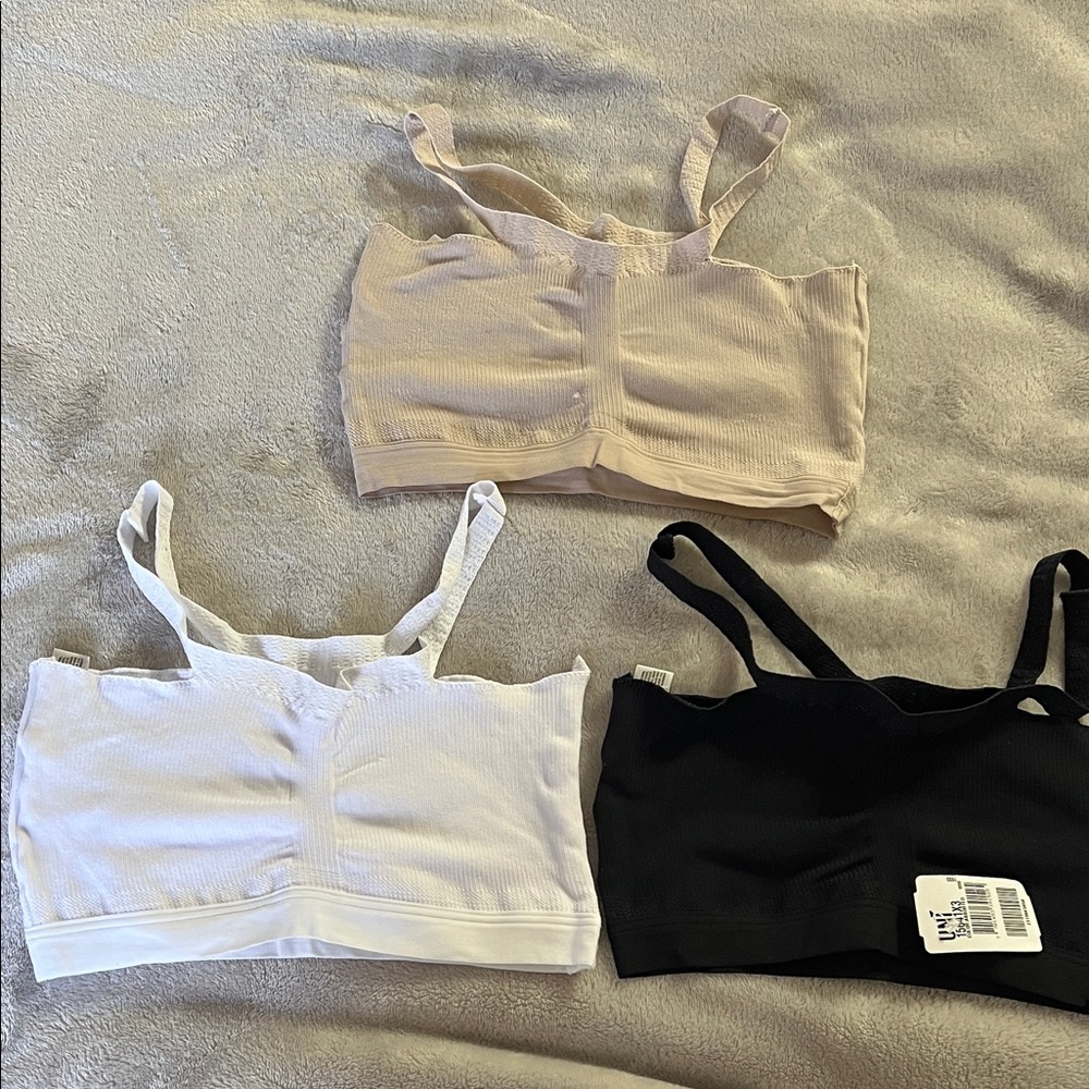 Leonisa Set of Three Ribbed Bralettes - Black, White, and Beige. New